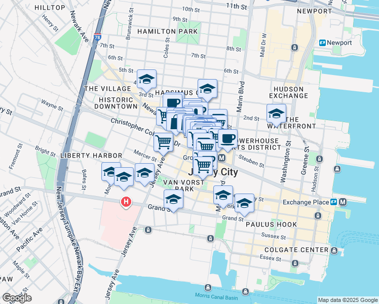 map of restaurants, bars, coffee shops, grocery stores, and more near in Jersey City