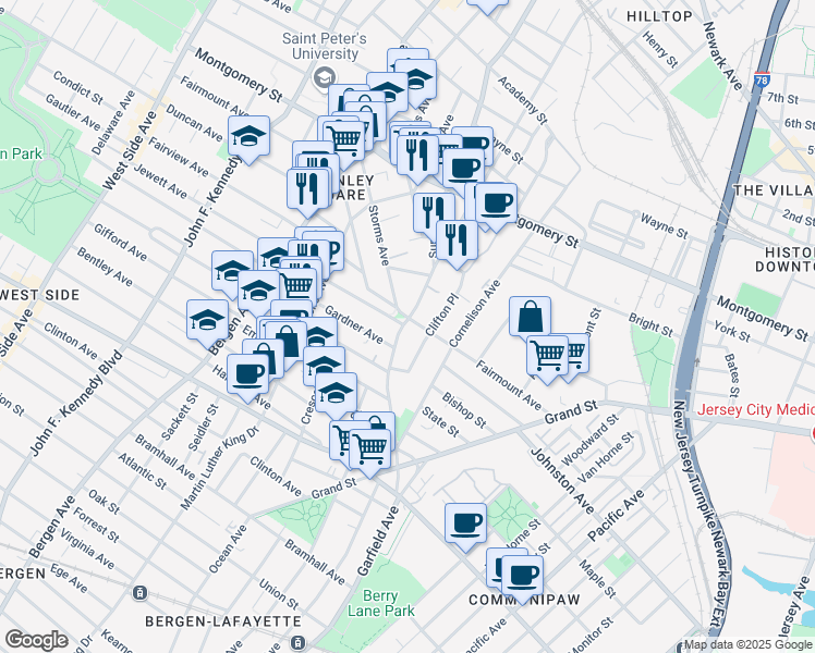map of restaurants, bars, coffee shops, grocery stores, and more near 158 Fairmount Avenue in Jersey City