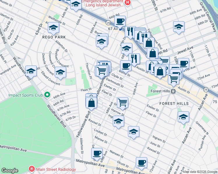map of restaurants, bars, coffee shops, grocery stores, and more near 67-96 Dartmouth Street in Queens