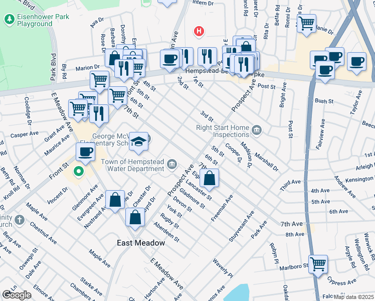 map of restaurants, bars, coffee shops, grocery stores, and more near 2287 7th Street in East Meadow