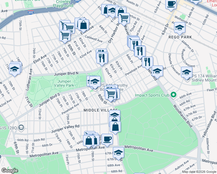map of restaurants, bars, coffee shops, grocery stores, and more near in Queens