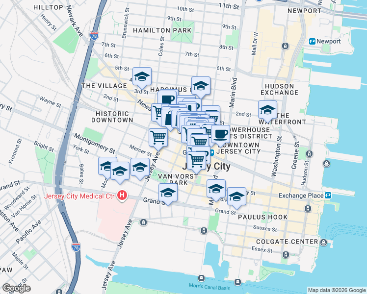 map of restaurants, bars, coffee shops, grocery stores, and more near 143 Christopher Columbus Drive in Jersey City