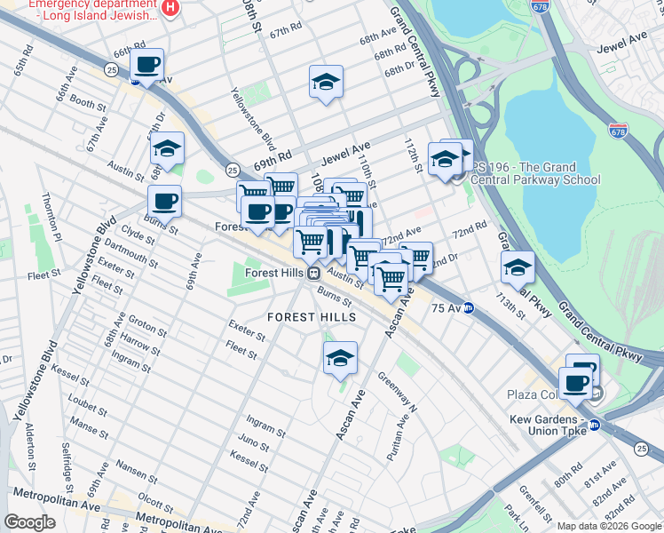 map of restaurants, bars, coffee shops, grocery stores, and more near 71-25 Austin Street in Queens