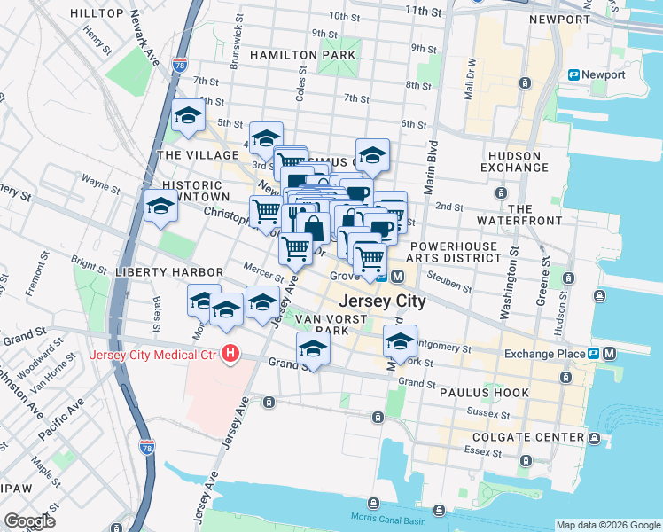map of restaurants, bars, coffee shops, grocery stores, and more near 524 Jersey Avenue in Jersey City