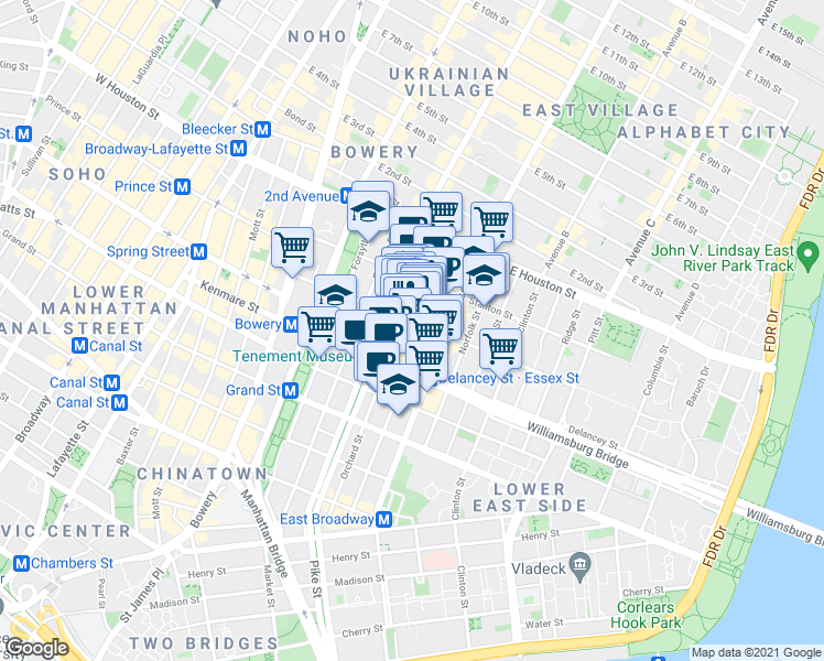 map of restaurants, bars, coffee shops, grocery stores, and more near 89 Rivington Street in New York