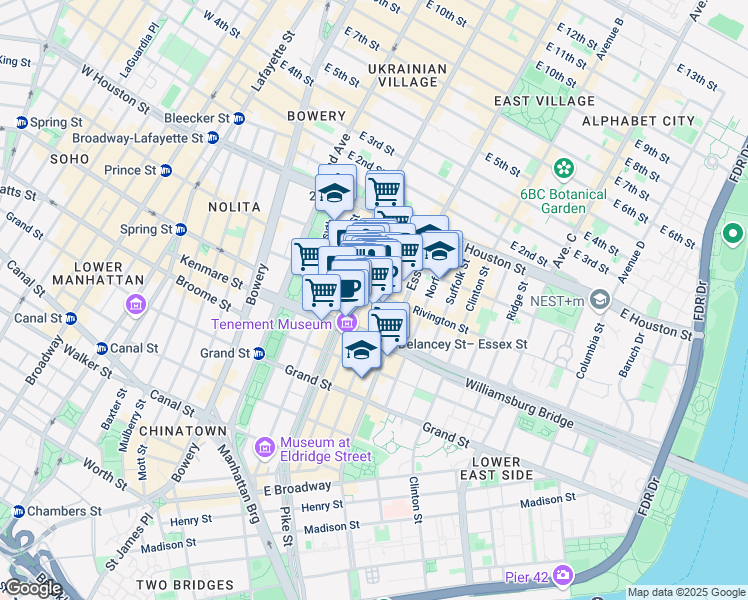 map of restaurants, bars, coffee shops, grocery stores, and more near 89 Rivington Street in New York
