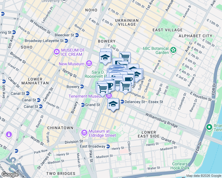 map of restaurants, bars, coffee shops, grocery stores, and more near 143 Ludlow Street in New York