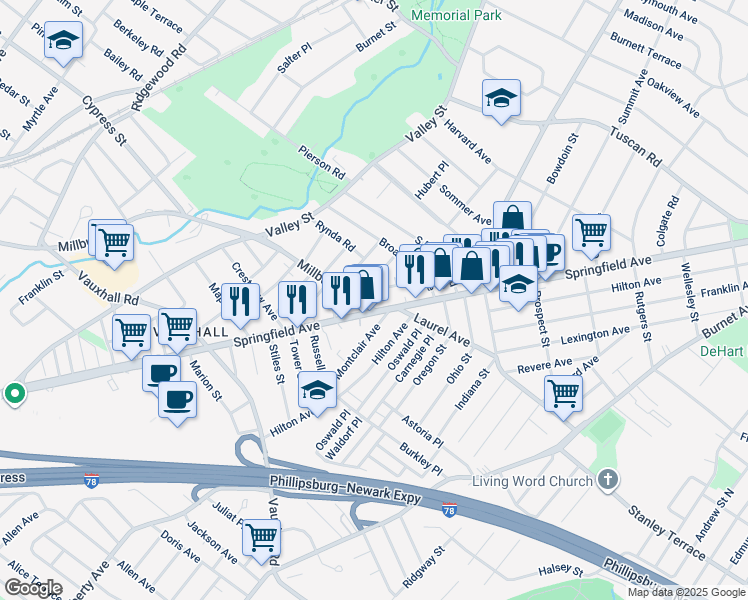 map of restaurants, bars, coffee shops, grocery stores, and more near 18 Overlook Terrace in Maplewood