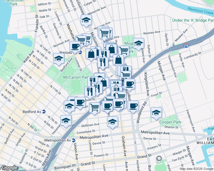 map of restaurants, bars, coffee shops, grocery stores, and more near 132 Newton Street in Brooklyn