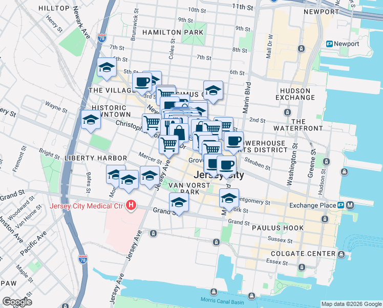 map of restaurants, bars, coffee shops, grocery stores, and more near 524 Jersey Avenue in Jersey City