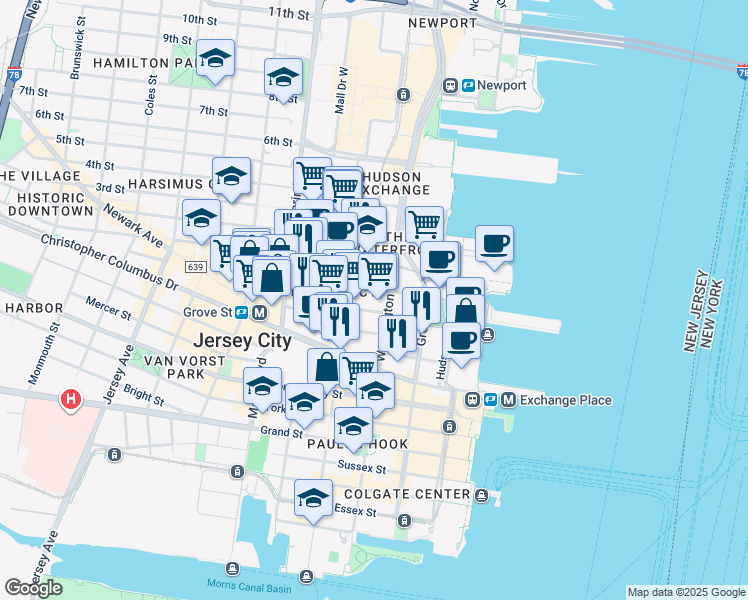 map of restaurants, bars, coffee shops, grocery stores, and more near 110 Morgan Street in Jersey City
