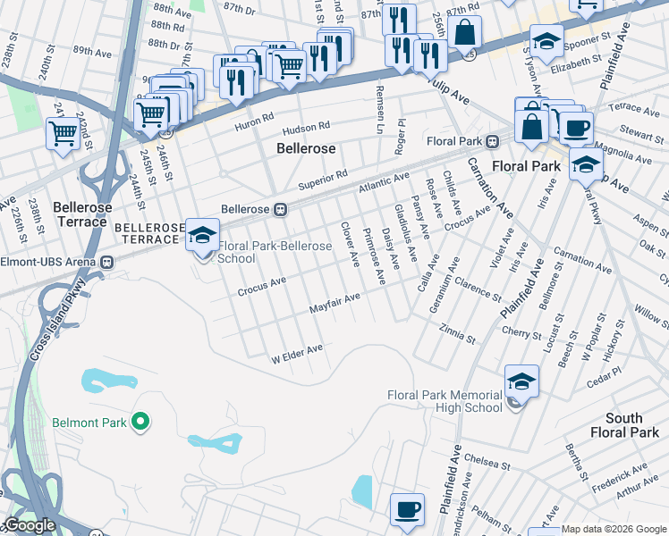 map of restaurants, bars, coffee shops, grocery stores, and more near 180 Crocus Avenue in Floral Park