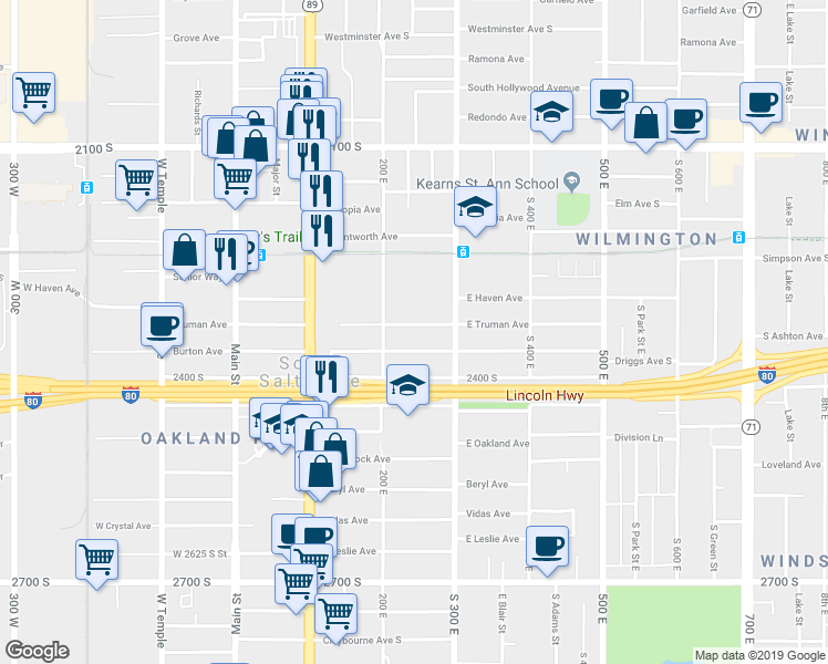 map of restaurants, bars, coffee shops, grocery stores, and more near 259 East Truman Avenue in South Salt Lake