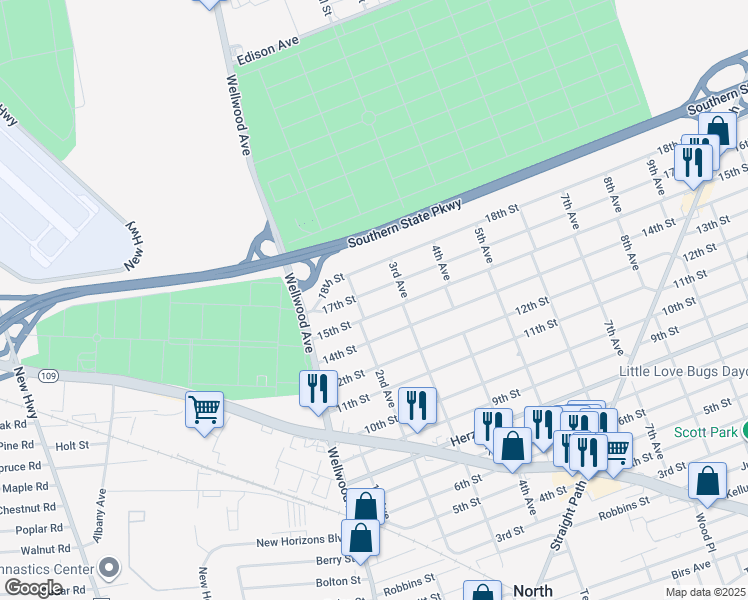 map of restaurants, bars, coffee shops, grocery stores, and more near 539 17th Street in West Babylon