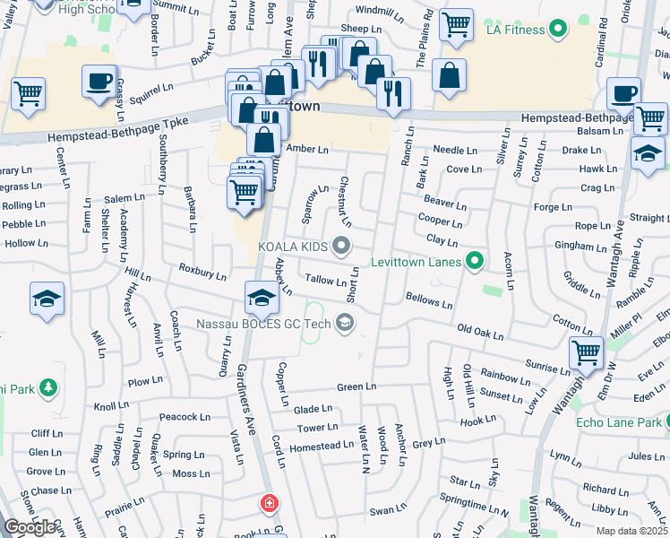map of restaurants, bars, coffee shops, grocery stores, and more near 35 Bayberry Lane in Levittown
