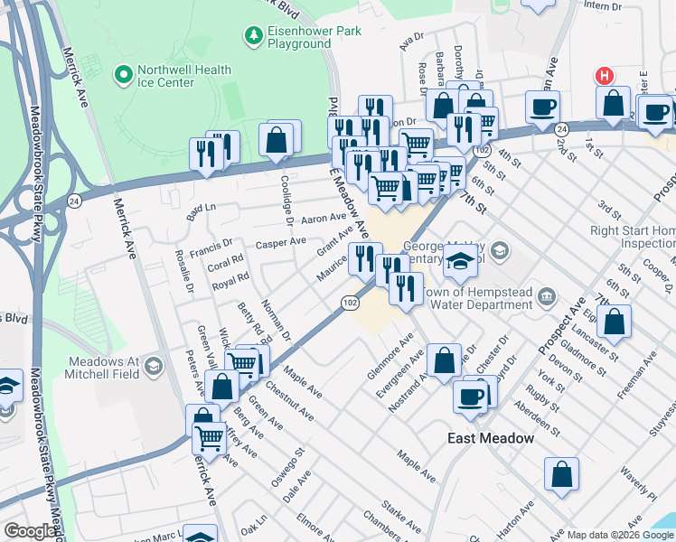 map of restaurants, bars, coffee shops, grocery stores, and more near 1855 Maurice Avenue in East Meadow