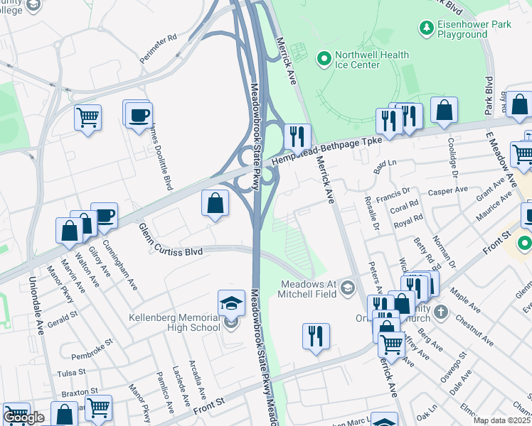 map of restaurants, bars, coffee shops, grocery stores, and more near in Uniondale