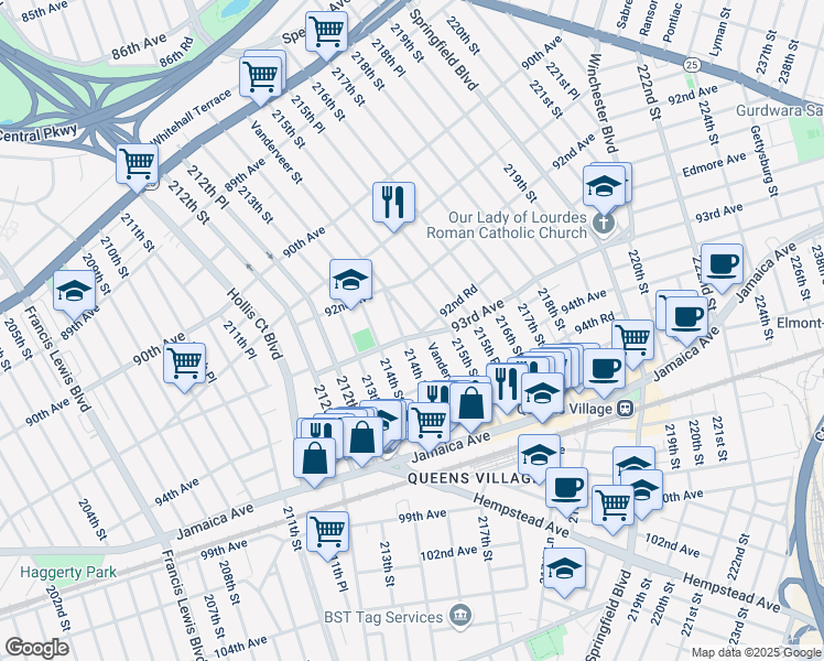 map of restaurants, bars, coffee shops, grocery stores, and more near 92-22 Vanderveer Street in Queens