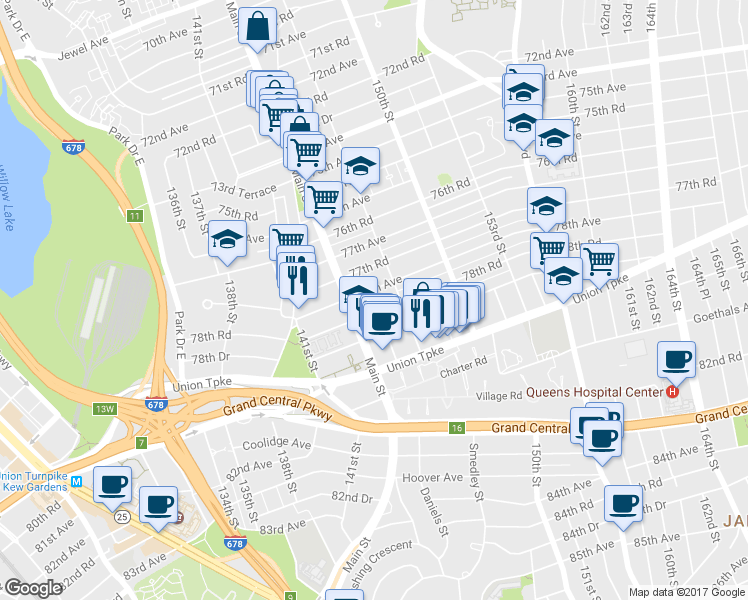 map of restaurants, bars, coffee shops, grocery stores, and more near 78-04 147th Street in Queens