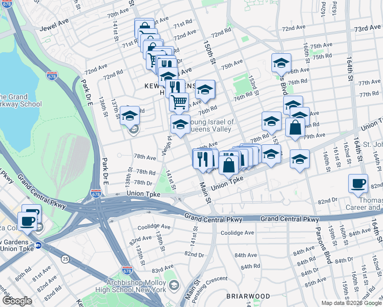 map of restaurants, bars, coffee shops, grocery stores, and more near 144-11 78th Avenue in Queens