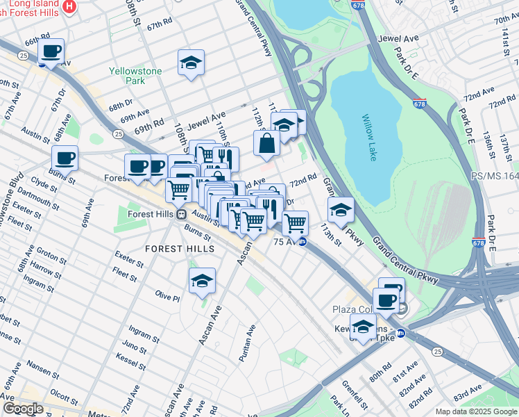 map of restaurants, bars, coffee shops, grocery stores, and more near 72-11 110th Street in Queens