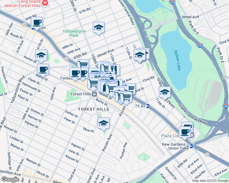 map of restaurants, bars, coffee shops, grocery stores, and more near 109-34 71st Road in Queens