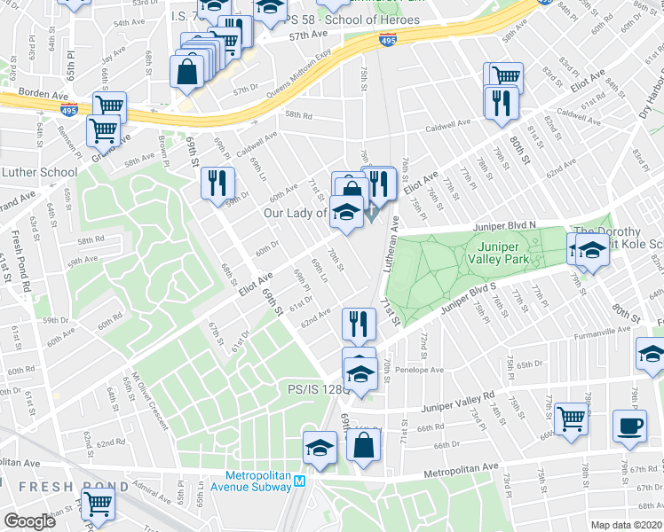 map of restaurants, bars, coffee shops, grocery stores, and more near 61-24 71st Street in Queens