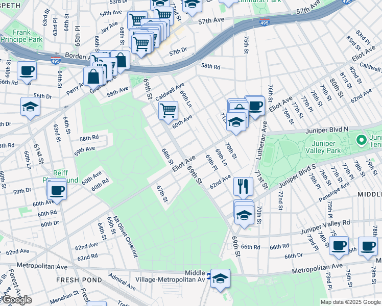 map of restaurants, bars, coffee shops, grocery stores, and more near 60-45 69th Street in Queens