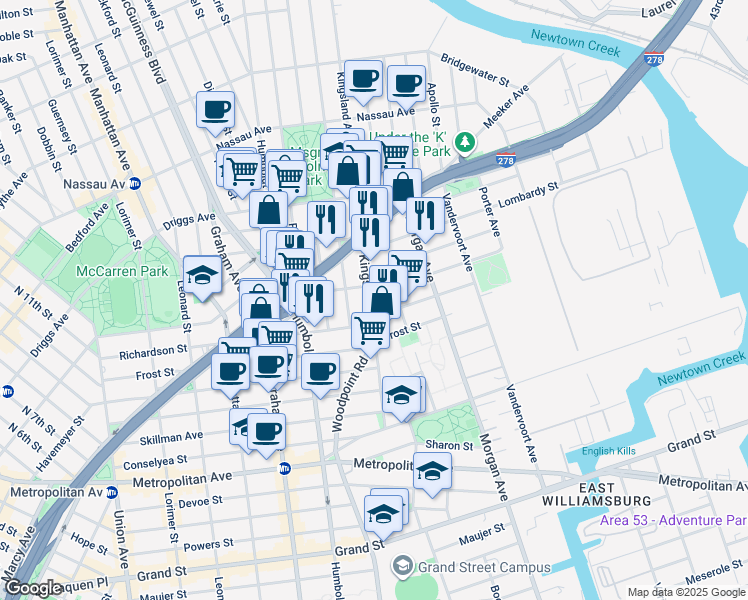 map of restaurants, bars, coffee shops, grocery stores, and more near 117 Kingsland Avenue in Brooklyn