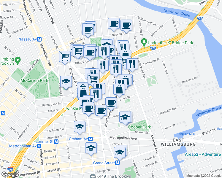 map of restaurants, bars, coffee shops, grocery stores, and more near 117 Kingsland Avenue in Brooklyn