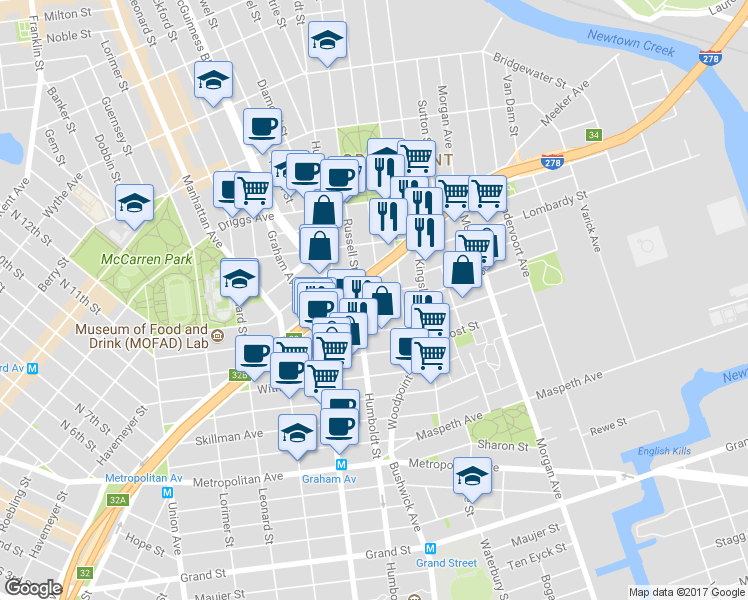 map of restaurants, bars, coffee shops, grocery stores, and more near 71 Herbert Street in Brooklyn