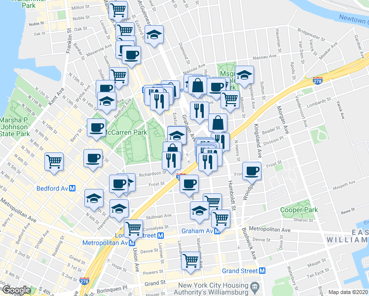 map of restaurants, bars, coffee shops, grocery stores, and more near 132 Newton Street in Brooklyn