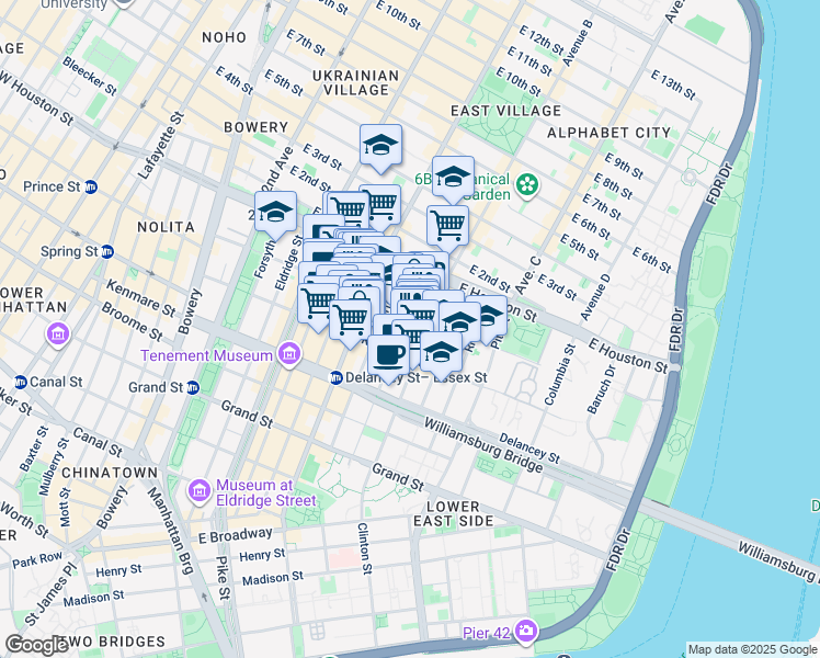 map of restaurants, bars, coffee shops, grocery stores, and more near 138 Stanton Street in New York