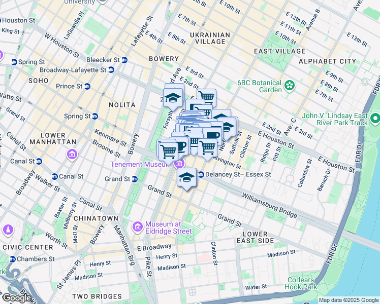 map of restaurants, bars, coffee shops, grocery stores, and more near 143 Ludlow Street in New York