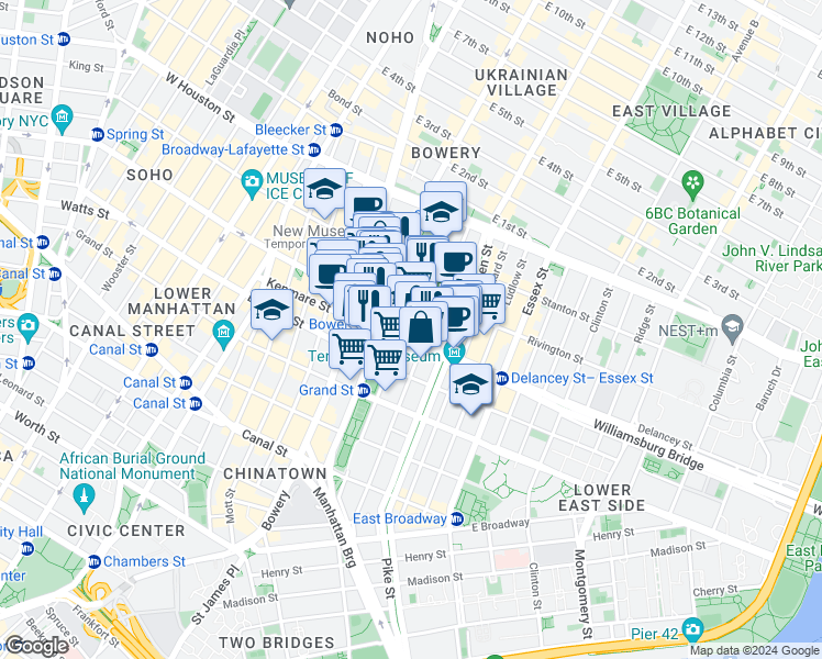 map of restaurants, bars, coffee shops, grocery stores, and more near 171a Chrystie Street in New York