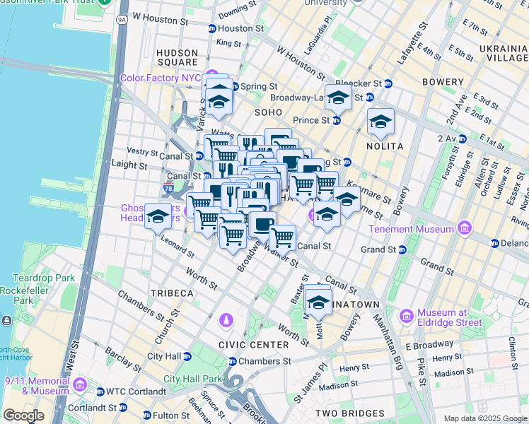 map of restaurants, bars, coffee shops, grocery stores, and more near 7 Mercer Street in New York