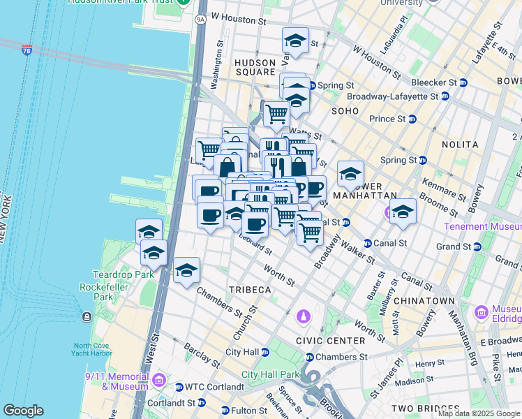 map of restaurants, bars, coffee shops, grocery stores, and more near 14 Ericsson Place in New York