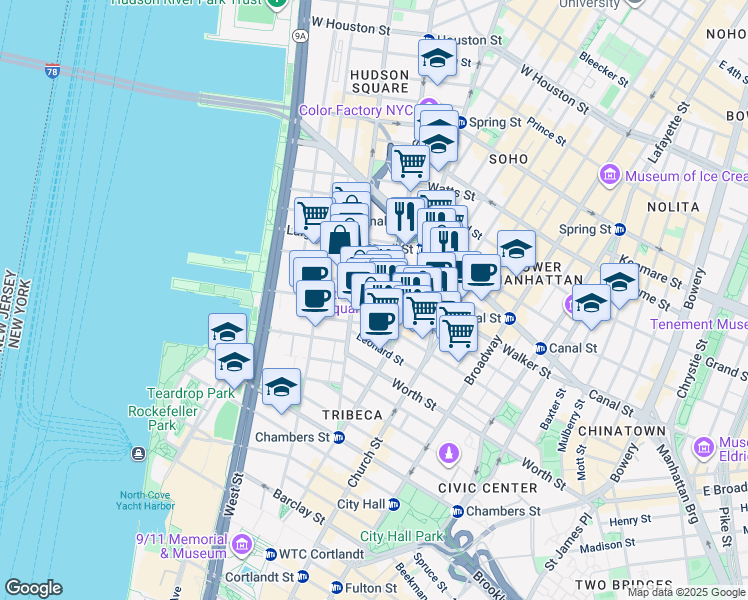 map of restaurants, bars, coffee shops, grocery stores, and more near 14 Ericsson Place in New York