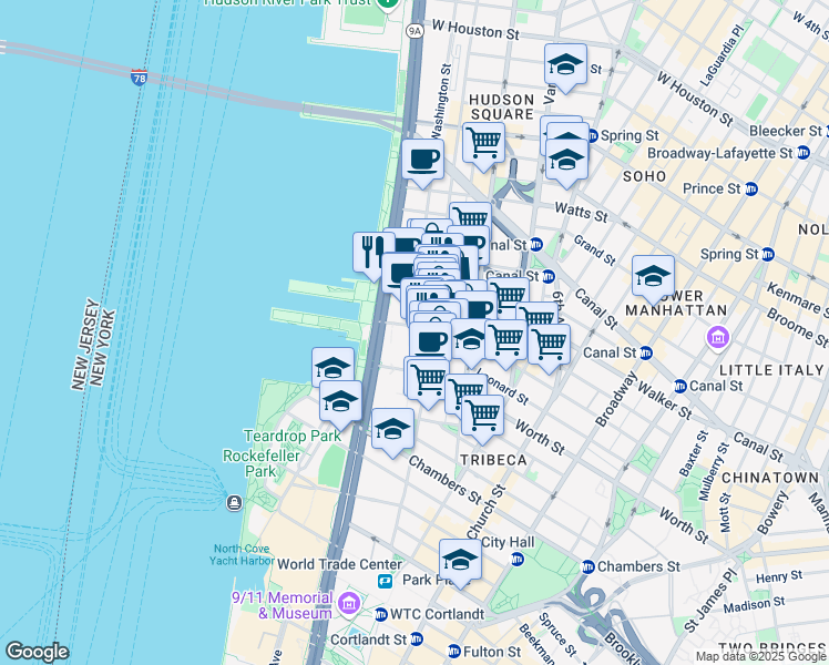 map of restaurants, bars, coffee shops, grocery stores, and more near 230 West Street in New York