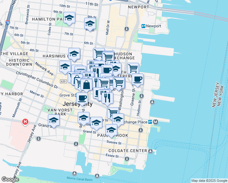 map of restaurants, bars, coffee shops, grocery stores, and more near 124 Bay Street in Jersey City