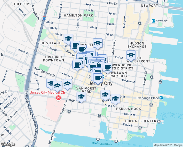 map of restaurants, bars, coffee shops, grocery stores, and more near 246 Bay Street in Jersey City