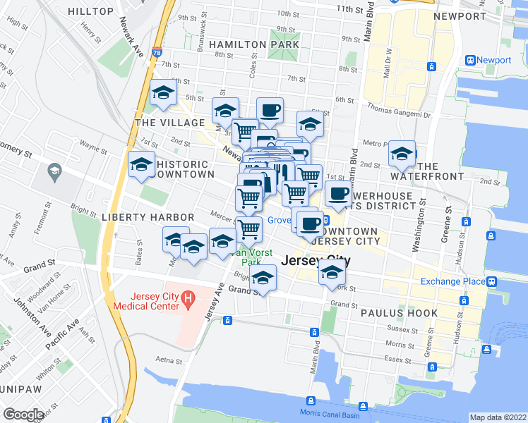 map of restaurants, bars, coffee shops, grocery stores, and more near 166 Christopher Columbus Drive in Jersey City