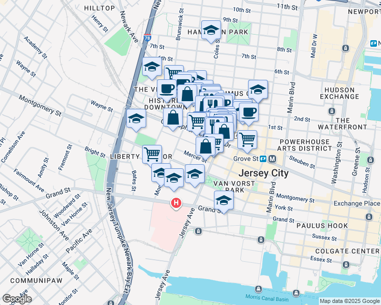 map of restaurants, bars, coffee shops, grocery stores, and more near 153-139 Wayne Street in Jersey City