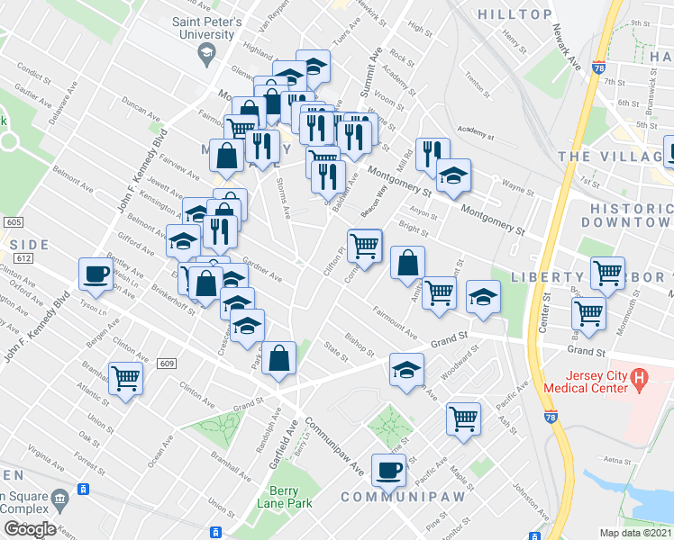 map of restaurants, bars, coffee shops, grocery stores, and more near 75A Clifton Place in Jersey City