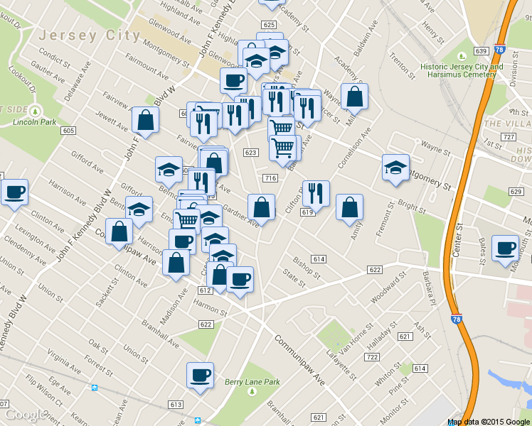 map of restaurants, bars, coffee shops, grocery stores, and more near 158 Fairmount Avenue in Jersey City
