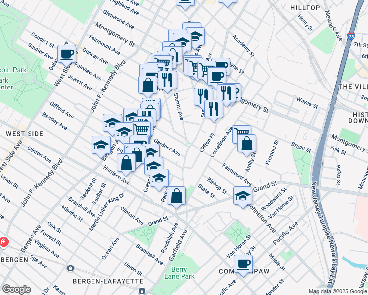 map of restaurants, bars, coffee shops, grocery stores, and more near 158 Fairmount Avenue in Jersey City