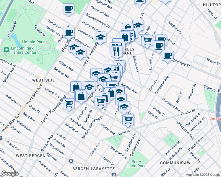 map of restaurants, bars, coffee shops, grocery stores, and more near 100 Belmont Avenue in Jersey City