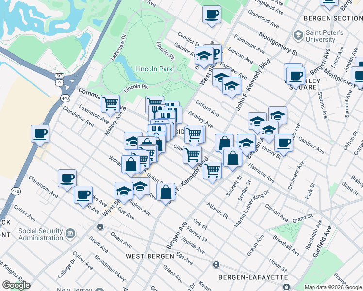map of restaurants, bars, coffee shops, grocery stores, and more near 785 Communipaw Avenue in Jersey City