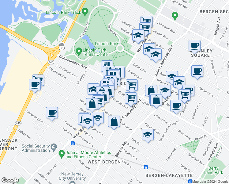 map of restaurants, bars, coffee shops, grocery stores, and more near in Jersey City
