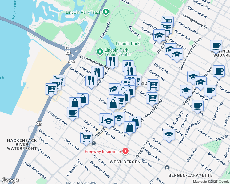map of restaurants, bars, coffee shops, grocery stores, and more near 189 Lexington Avenue in Jersey City